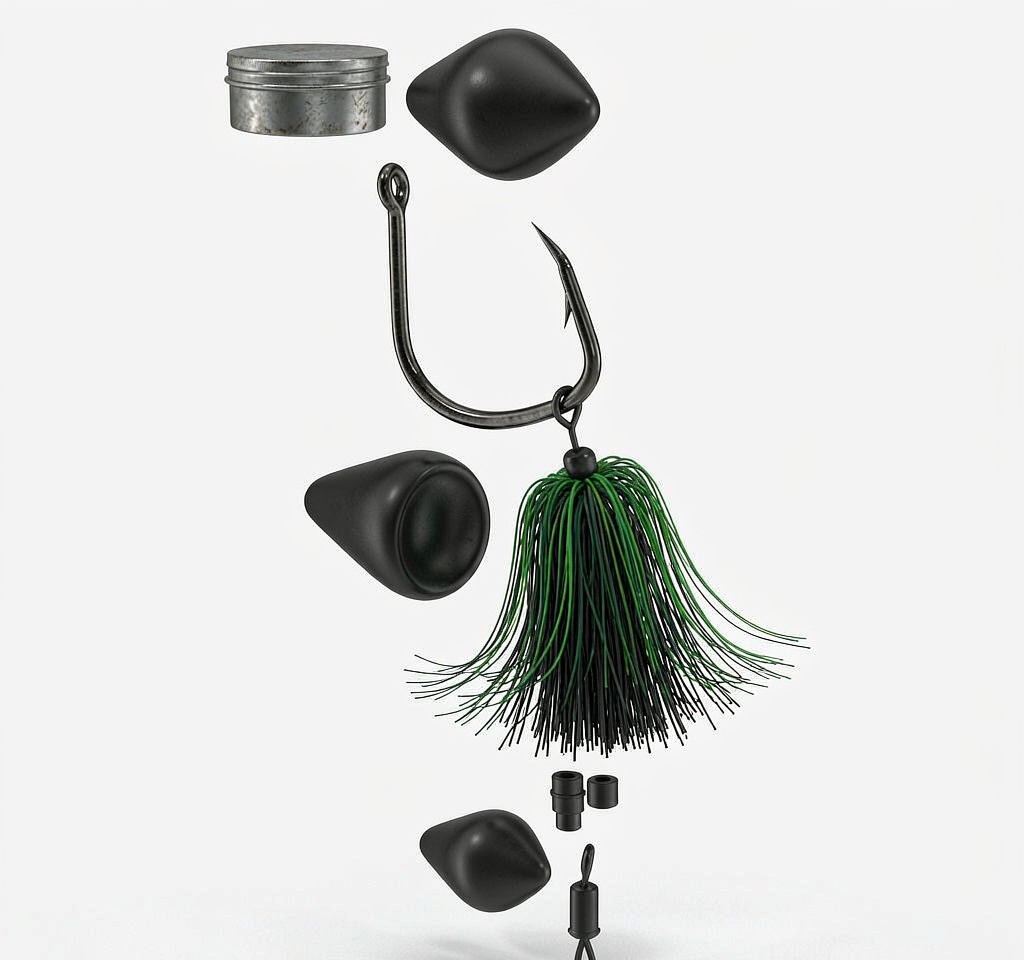 Exploded assembly view of the punching kit: tungsten weights, hook, skirt, stoppers and tin