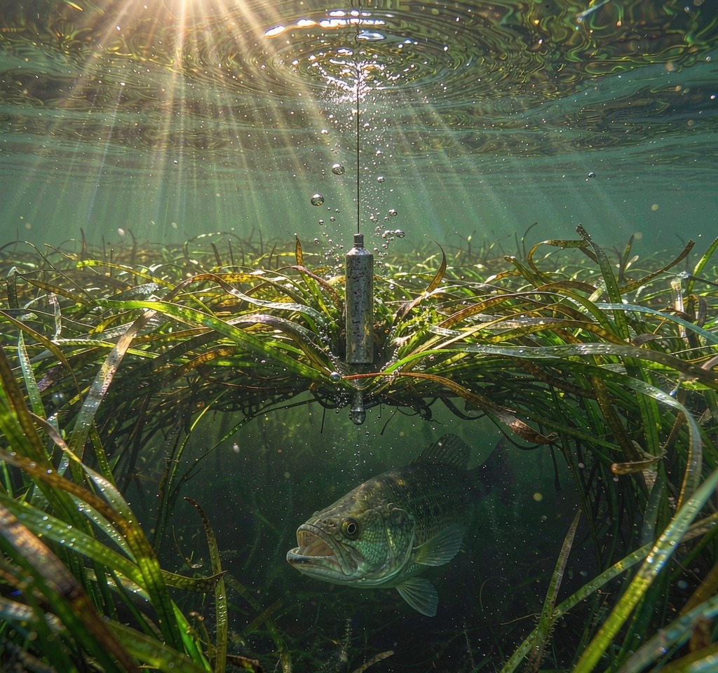 A tungsten punching rig falling through a weed mat toward a bass